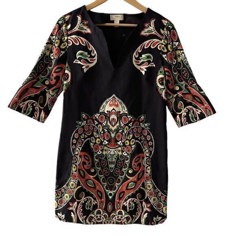 Loft Womens Black Paisley Boho Abstract 3/4 Sleeve V-Neck Midi Dress Size 4‎
